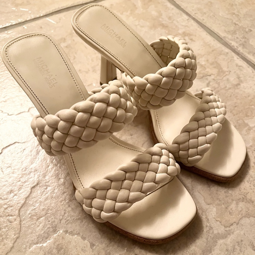 All white braided slides with heel